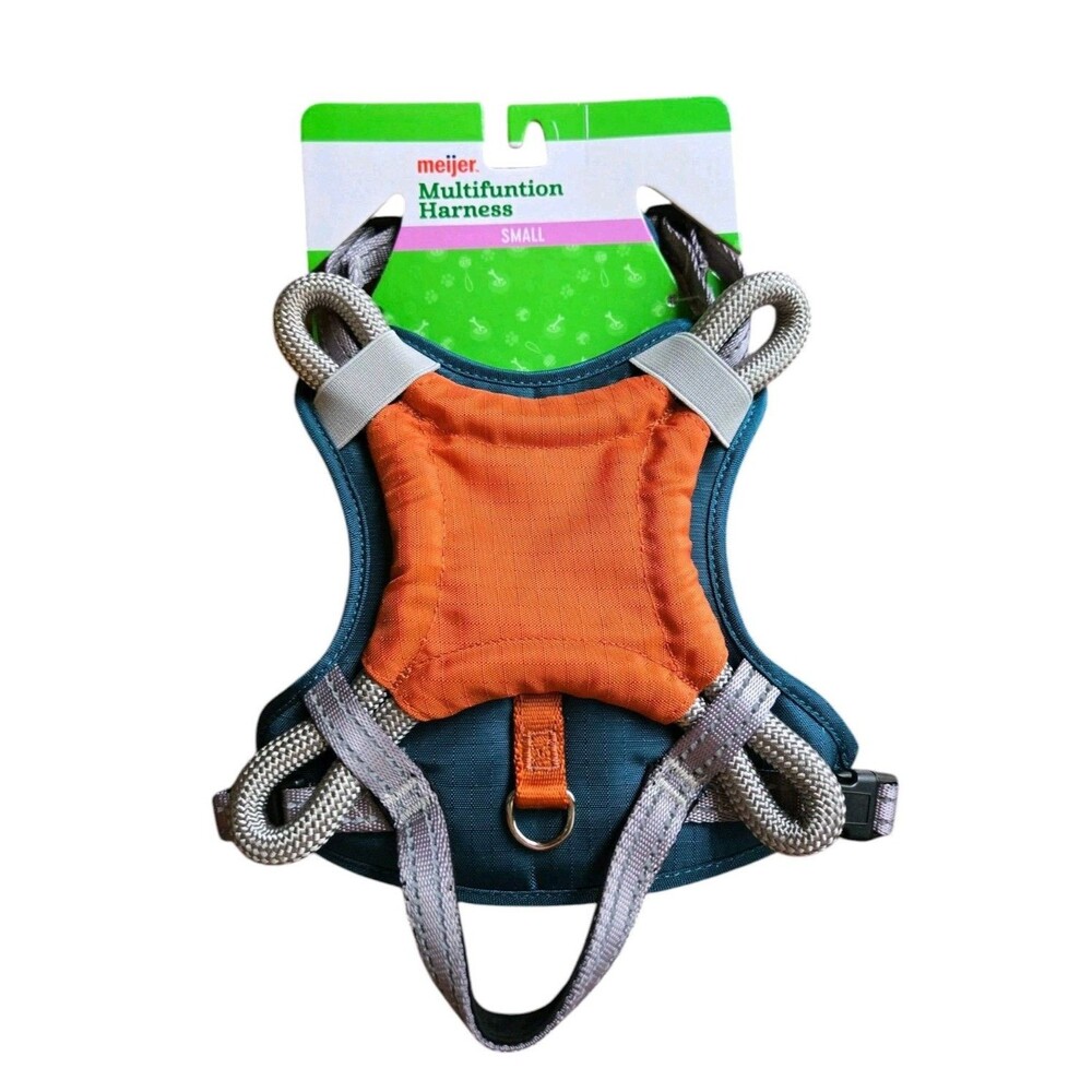 Meijer Multifunction Dog Harness Green Orange & Removable Frisbee Toy Sm 17"-20"